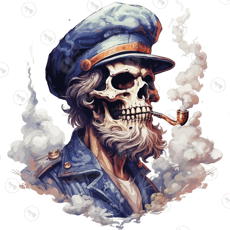 Skeleton Sailor Pipe Smoke Printed T-Shirt