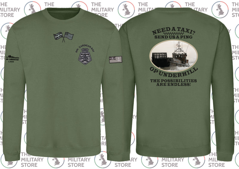 RFA Cardigan Bay OP Underhill Sweatshirt - Military Green (Sleeves, Flags below neck + Back Print, SUBDUED)